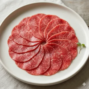 Carpaccio premium de ternera cortado en láminas finas.