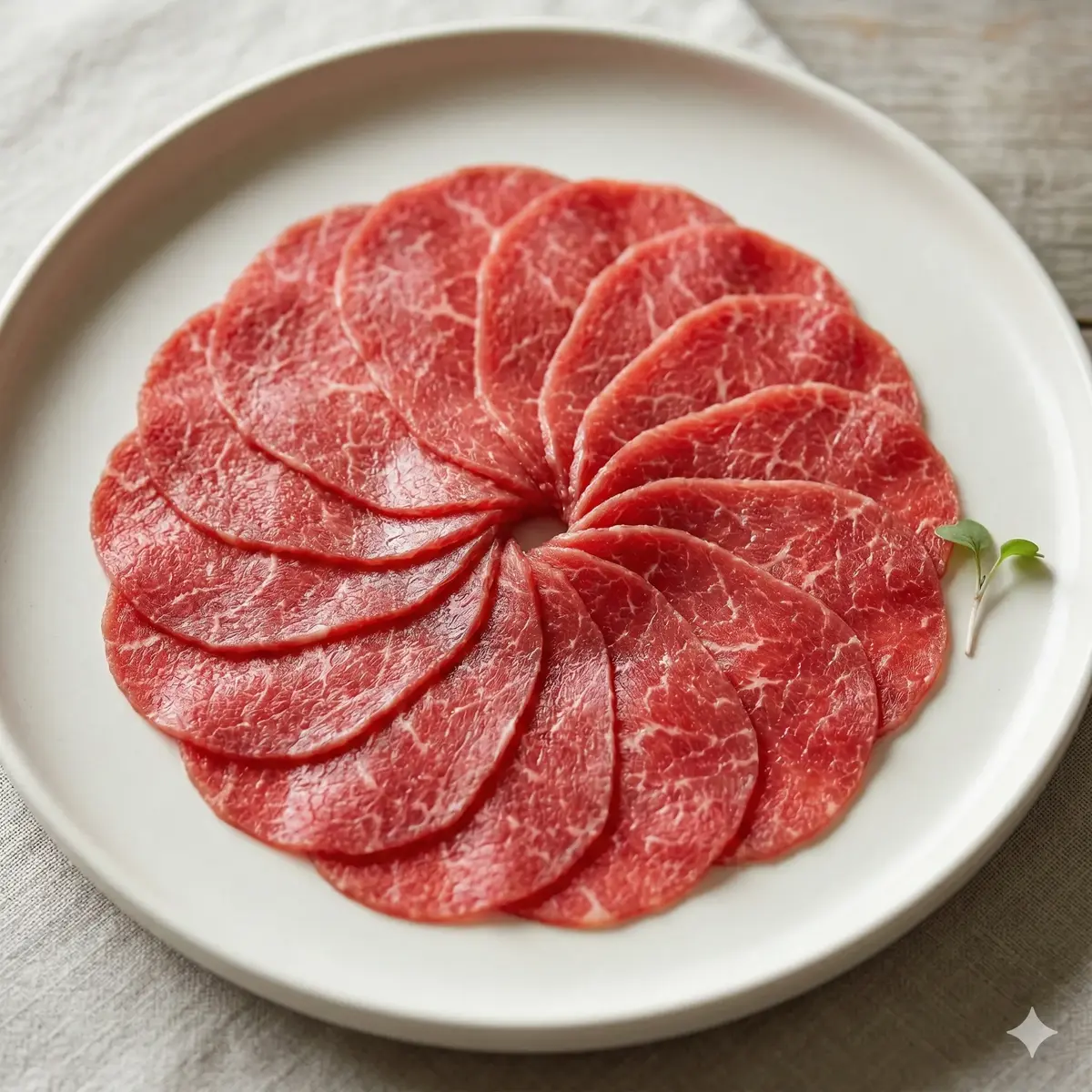 Carpaccio premium de ternera cortado en láminas finas.