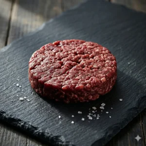 Hamburguesa dry aged de ternera con textura visible.